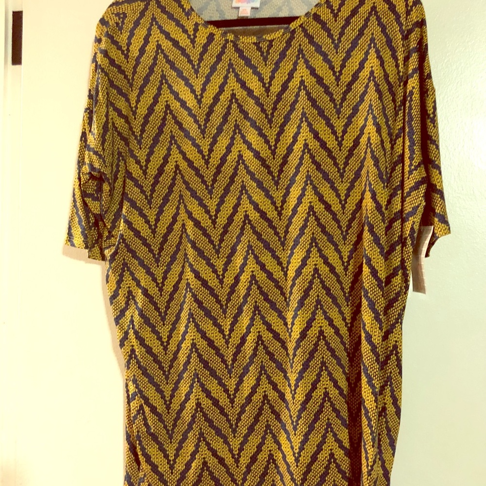 Yellow and navy LuLaRoe Irma XS